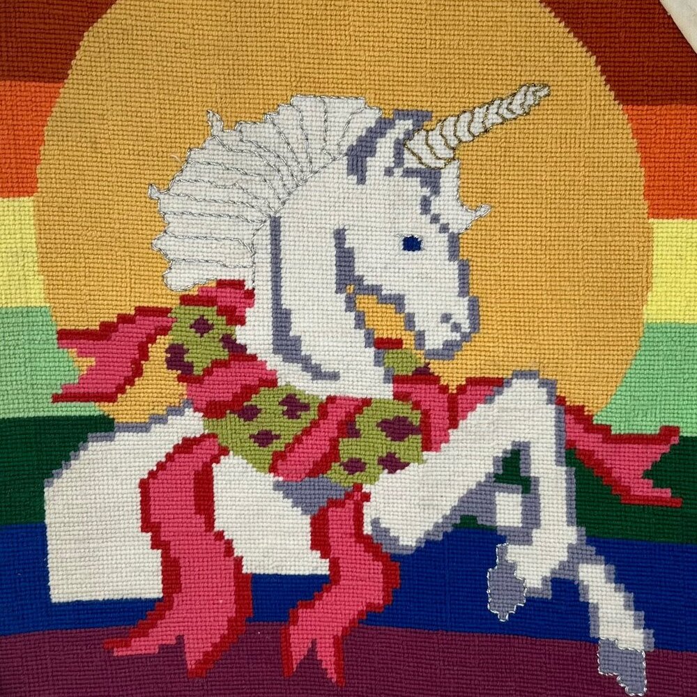 Needlepoint Square Vintage White Unicorn Primary Colors Stripe Completed 16"